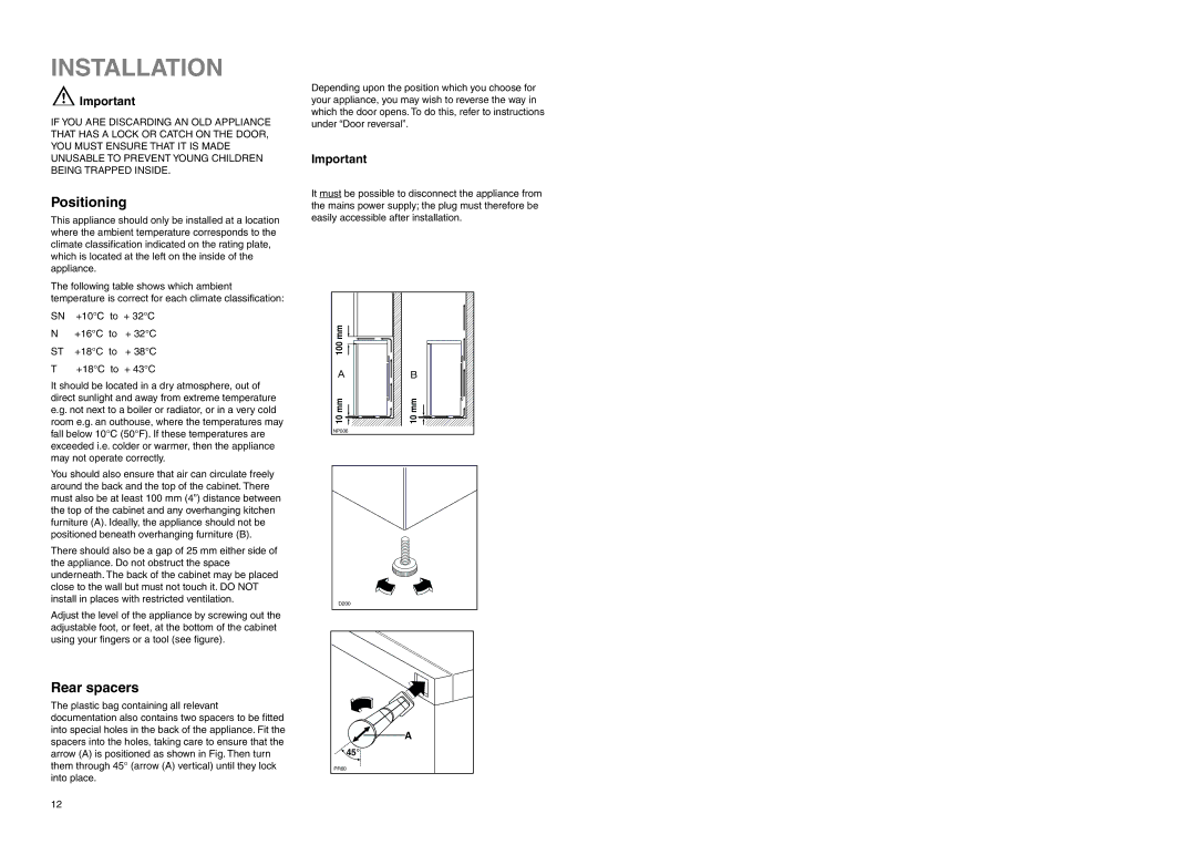 Zanussi ZEUC 2120 manual Installation, Positioning, Rear spacers 