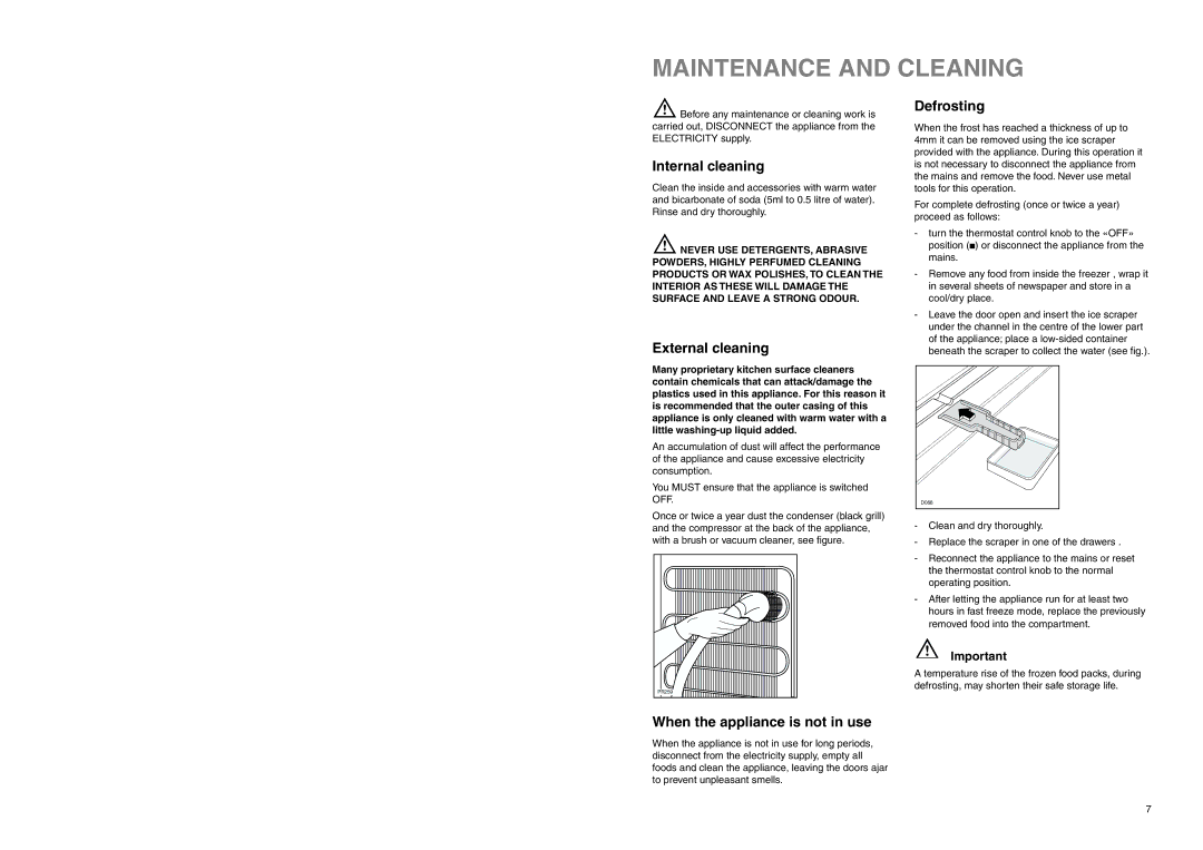 Zanussi ZEUC 2120 manual Maintenance and Cleaning, Internal cleaning, External cleaning, Defrosting 