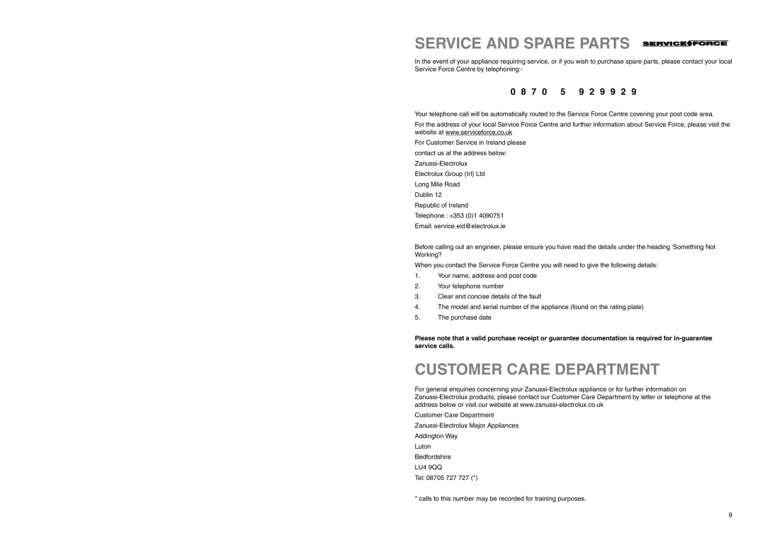 Zanussi ZEUC 2120 manual Service and Spare Parts, Customer Care Department 