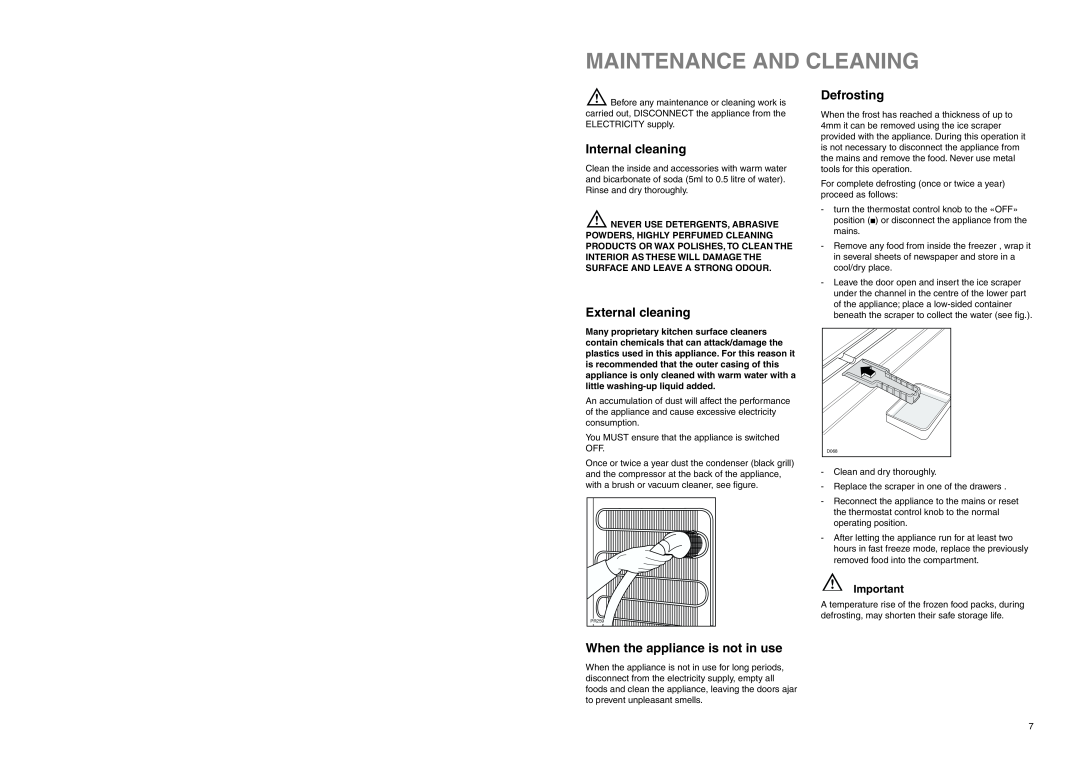 Zanussi ZEUC 2120 manual Maintenance And Cleaning, Internal cleaning, External cleaning, Defrosting 