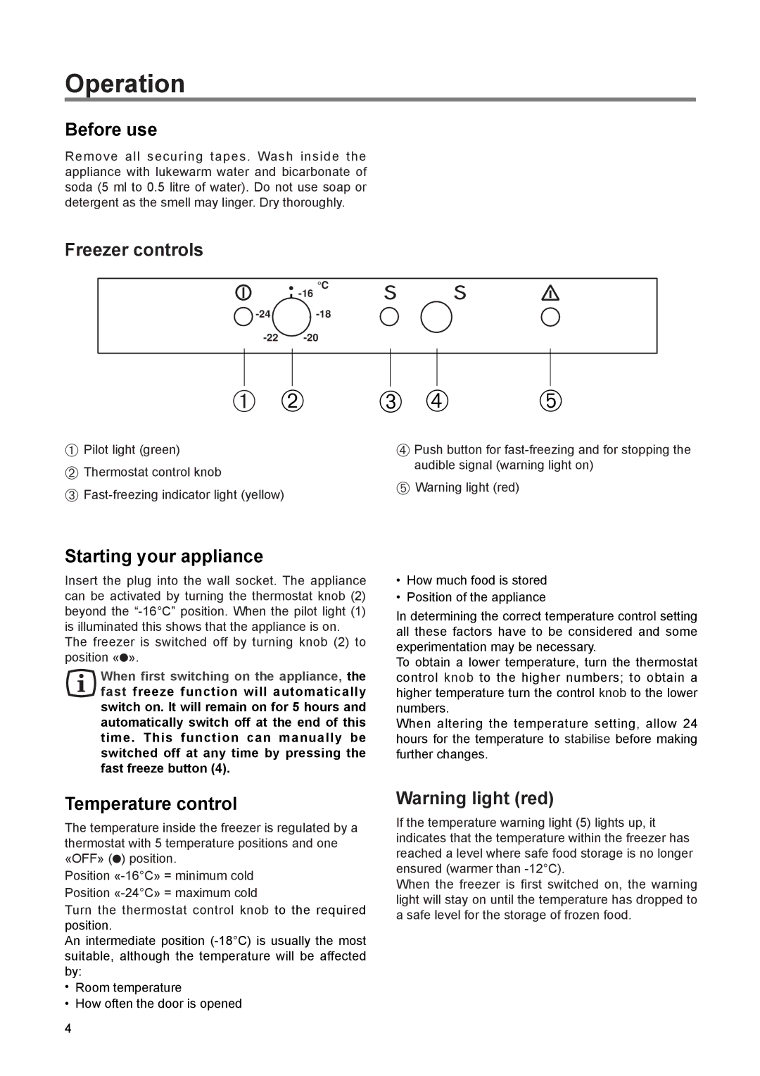 Zanussi ZEUT 6173 S manual Operation, Before use, Freezer controls, Starting your appliance, Temperature control 