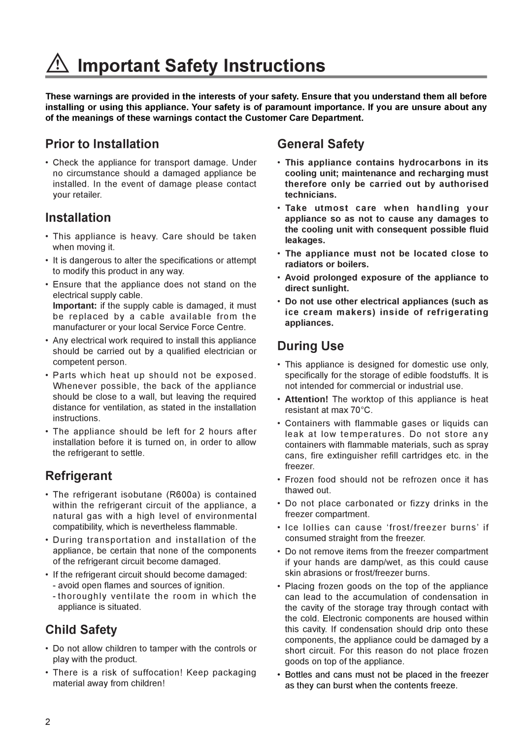 Zanussi ZEUT 6173 S manual Important Safety Instructions, Prior to Installation, Refrigerant, Child Safety, General Safety 