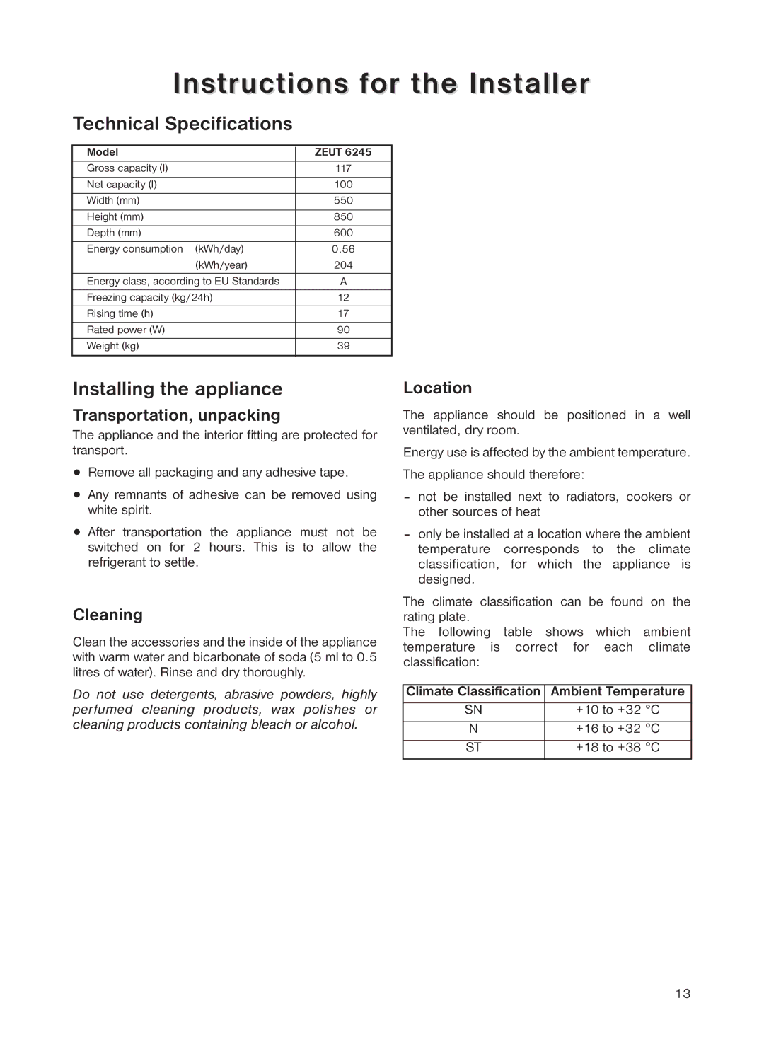 Zanussi ZEUT 6245 manual Instructions for the Installer, Technical Specifications, Installing the appliance 