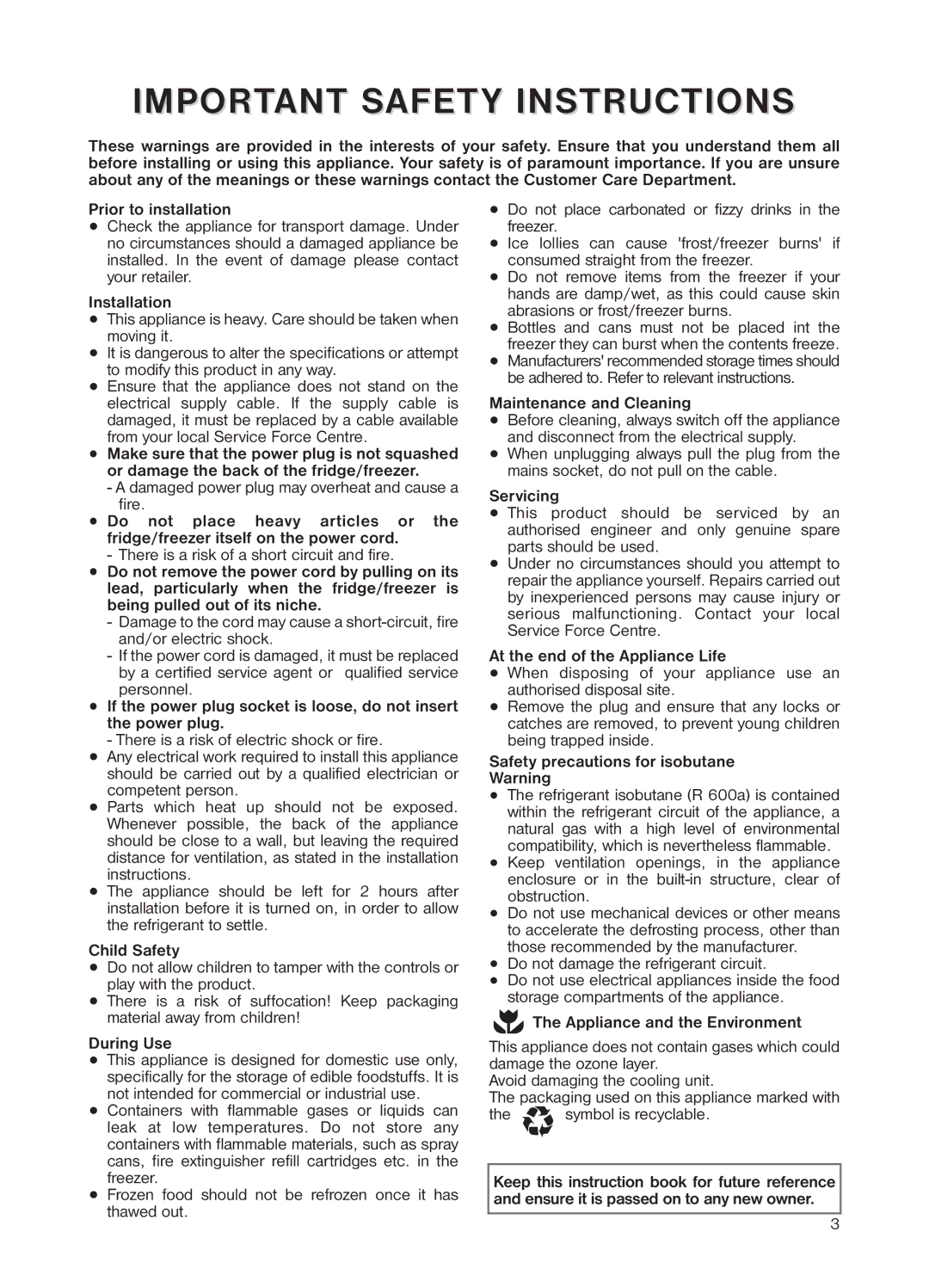 Zanussi ZEUT 6245 manual Prior to installation, Installation, Child Safety, During Use, Maintenance and Cleaning, Servicing 