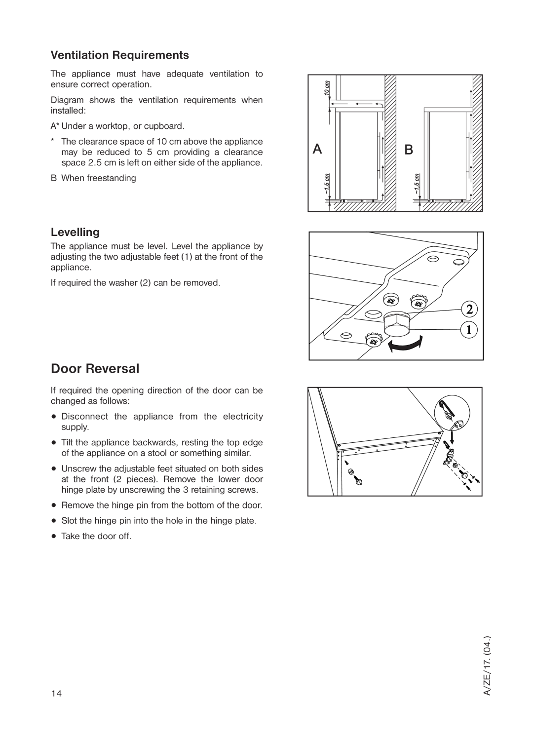 Zanussi ZEUT 6245 manual Door Reversal, Ventilation Requirements, Levelling 