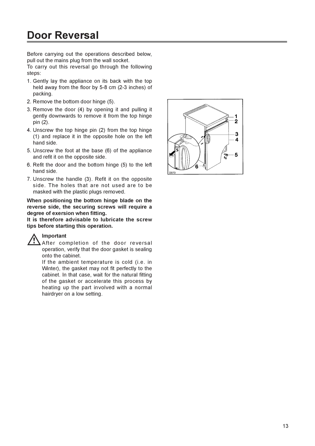 Zanussi ZEUT 6275 manual Door Reversal 