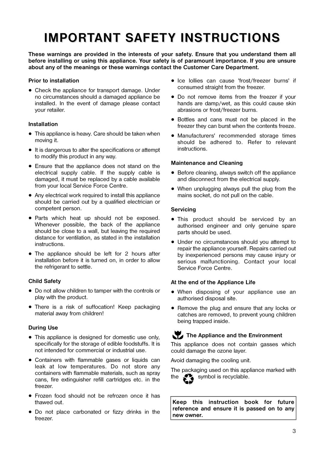 Zanussi ZF 22 W manual Important Safety Instructions 