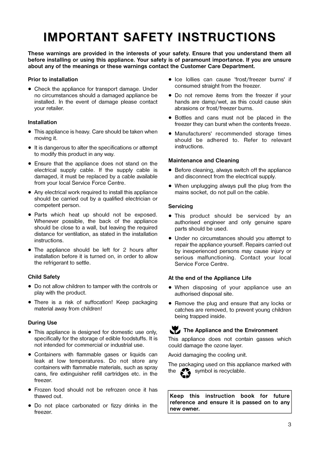 Zanussi ZF 22 W Important Safety Instructions, Prior to installation, Installation, Child Safety, Maintenance and Cleaning 