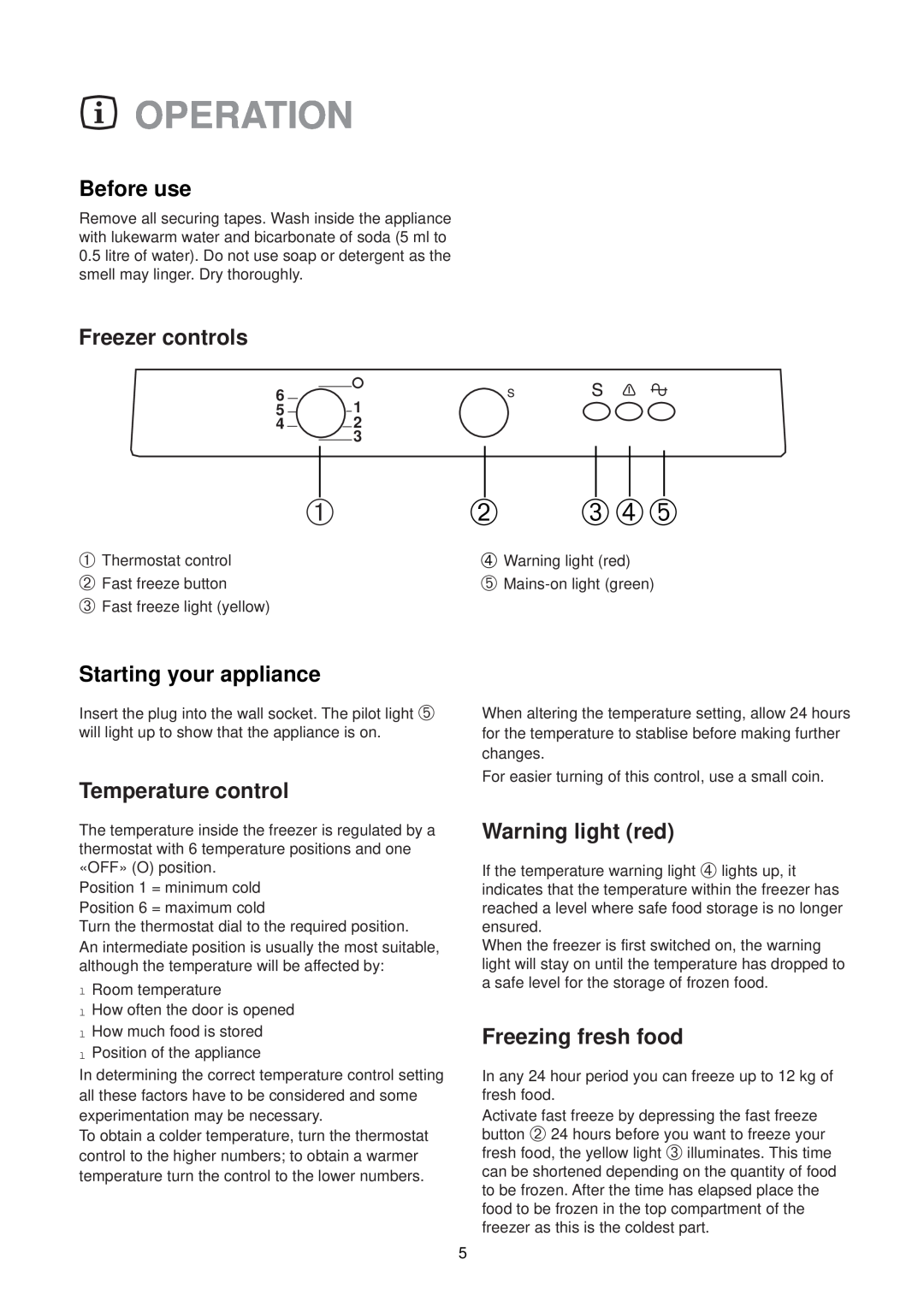 Zanussi ZF 24 W Operation, Before use, Freezer controls, Starting your appliance, Temperature control, Warning light red 