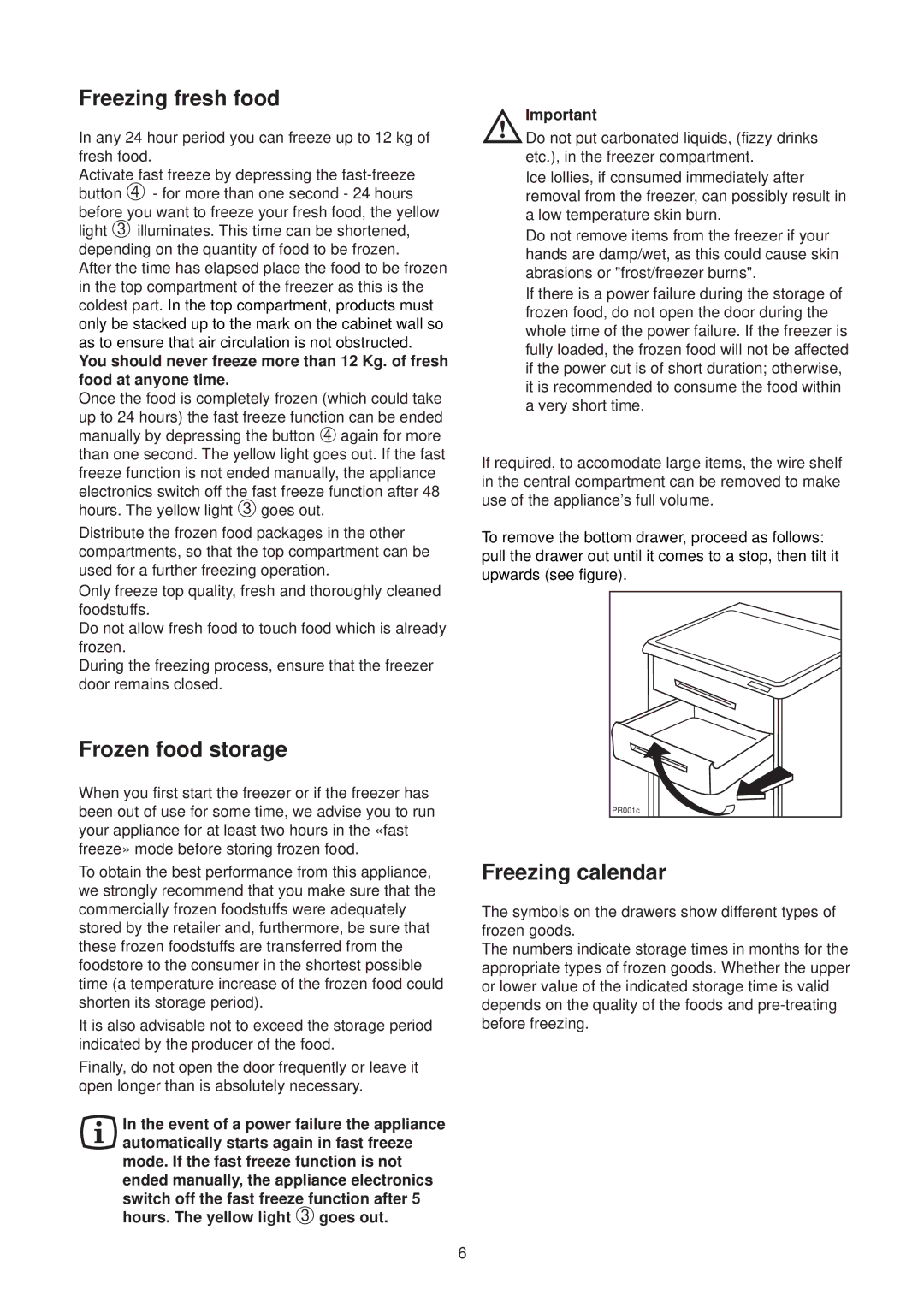 Zanussi ZF 54 W, ZF 54 SI manual Freezing fresh food, Frozen food storage, Freezing calendar 