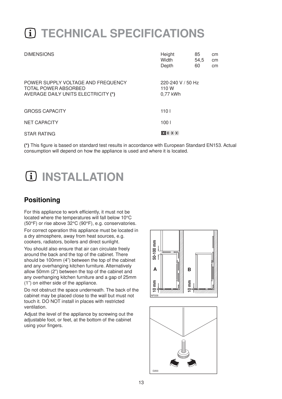 Zanussi ZF 54 SI, ZF 54 W manual Technical Specifications, Installation, Positioning 