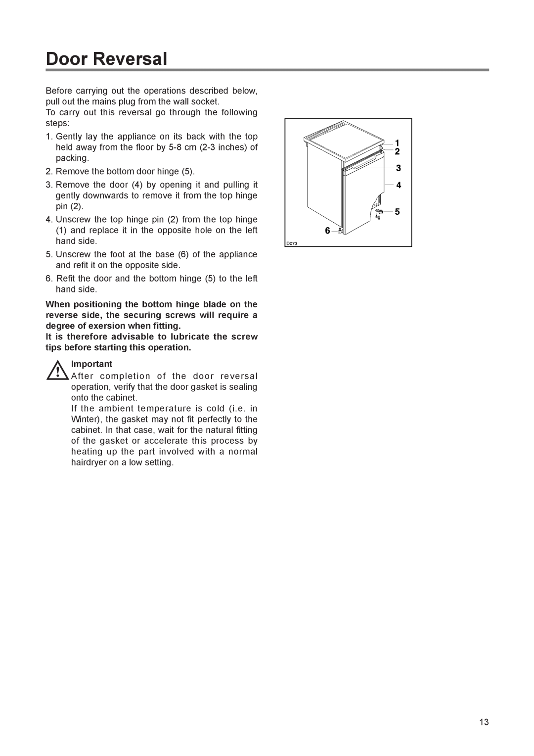 Zanussi ZF 56 SI manual Door Reversal 