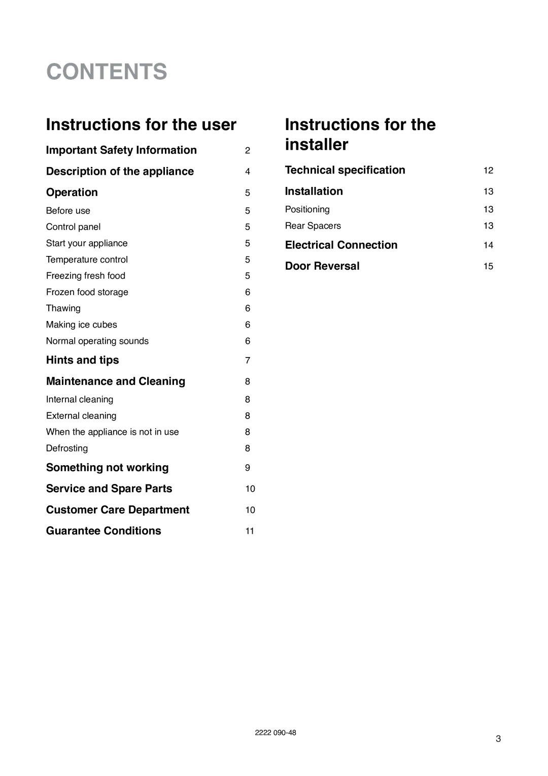 Zanussi ZF 67 manual Contents 