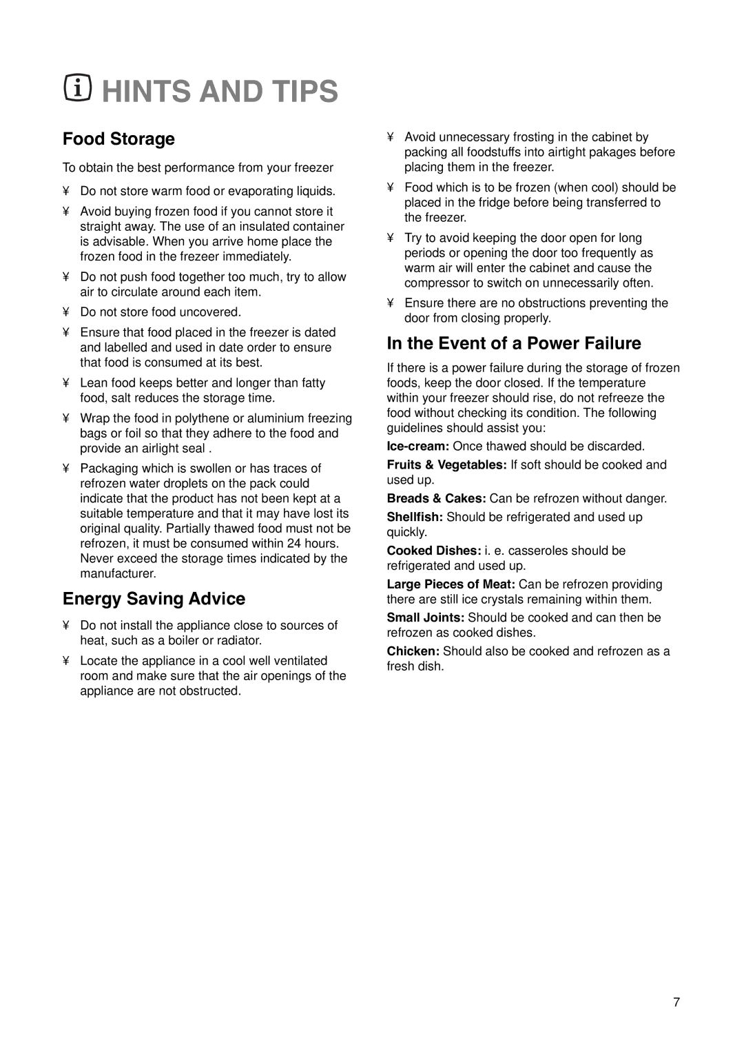 Zanussi ZF 67 manual Hints and Tips, Food Storage, Energy Saving Advice, Event of a Power Failure 