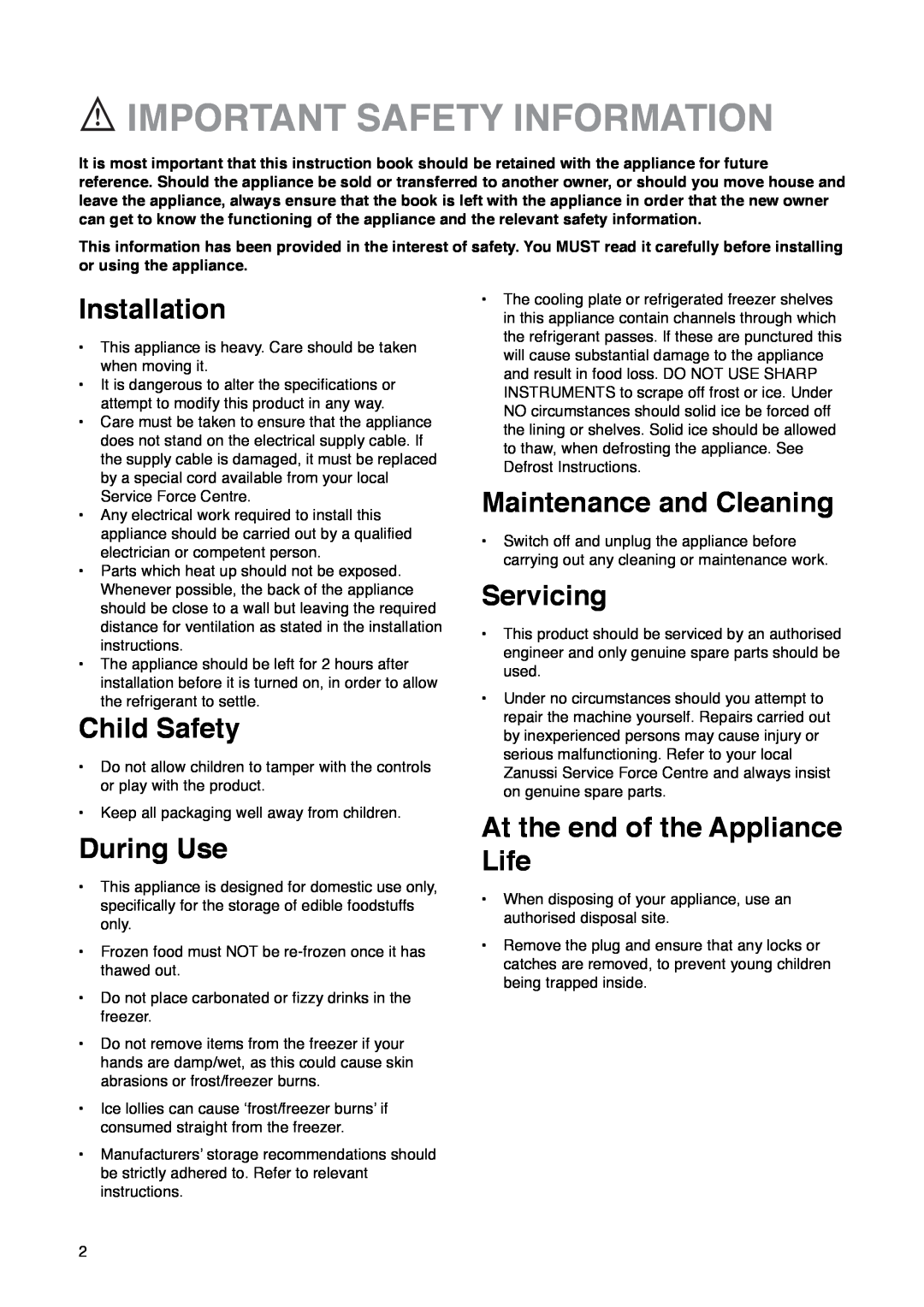 Zanussi ZF 67 Important Safety Information, Installation, Child Safety, During Use, Maintenance and Cleaning, Servicing 