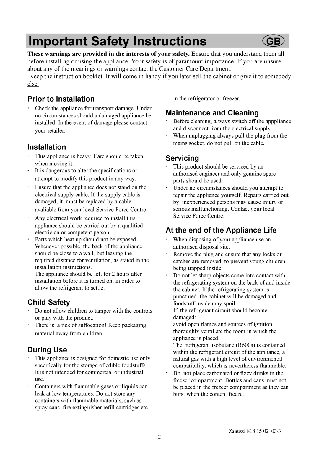 Zanussi ZF711W manual Important Safety Instructions 