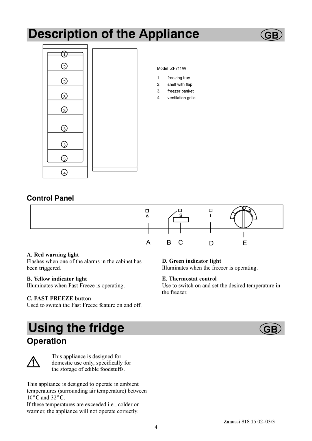 Zanussi ZF711W manual Description of the Appliance, Using the fridge, Control Panel 