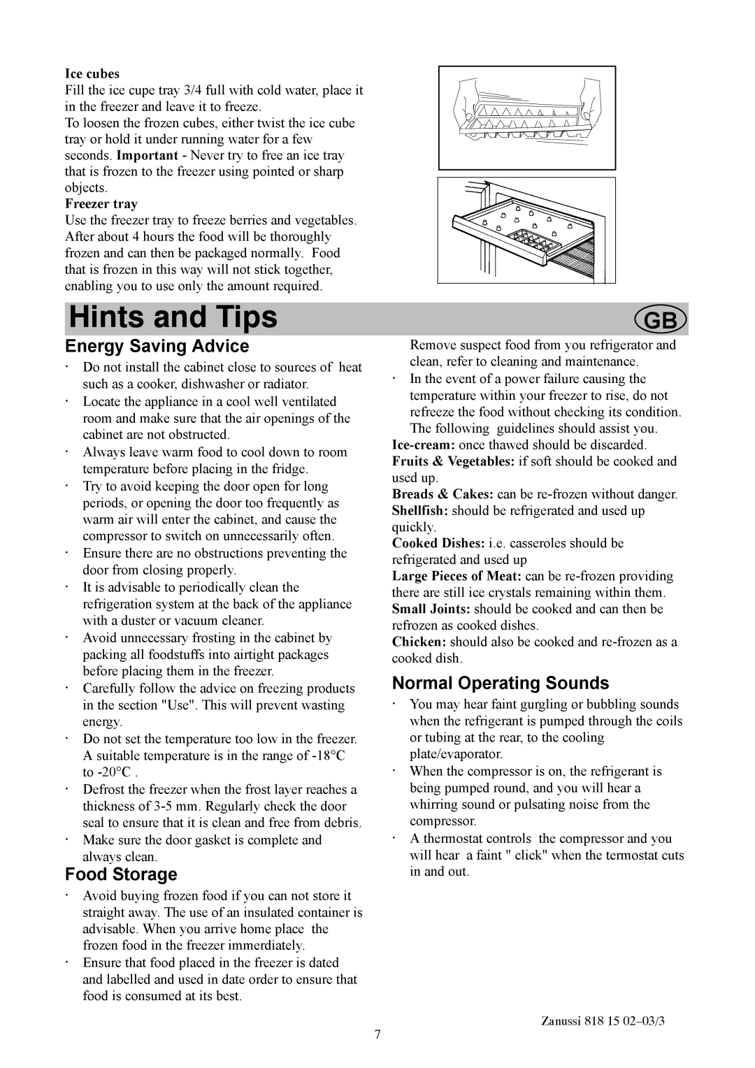 Zanussi ZF711W manual Hints and Tips, Energy Saving Advice, Food Storage, Normal Operating Sounds 