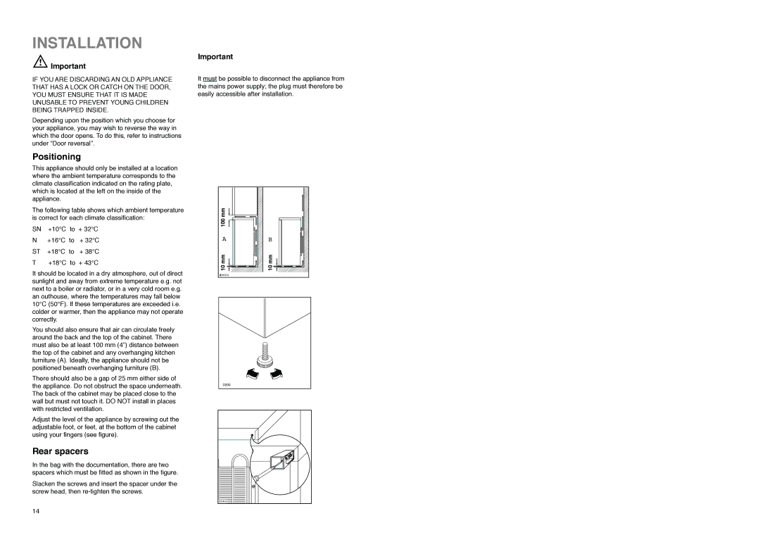 Zanussi ZFA 96 W manual Installation, Positioning, Rear spacers 