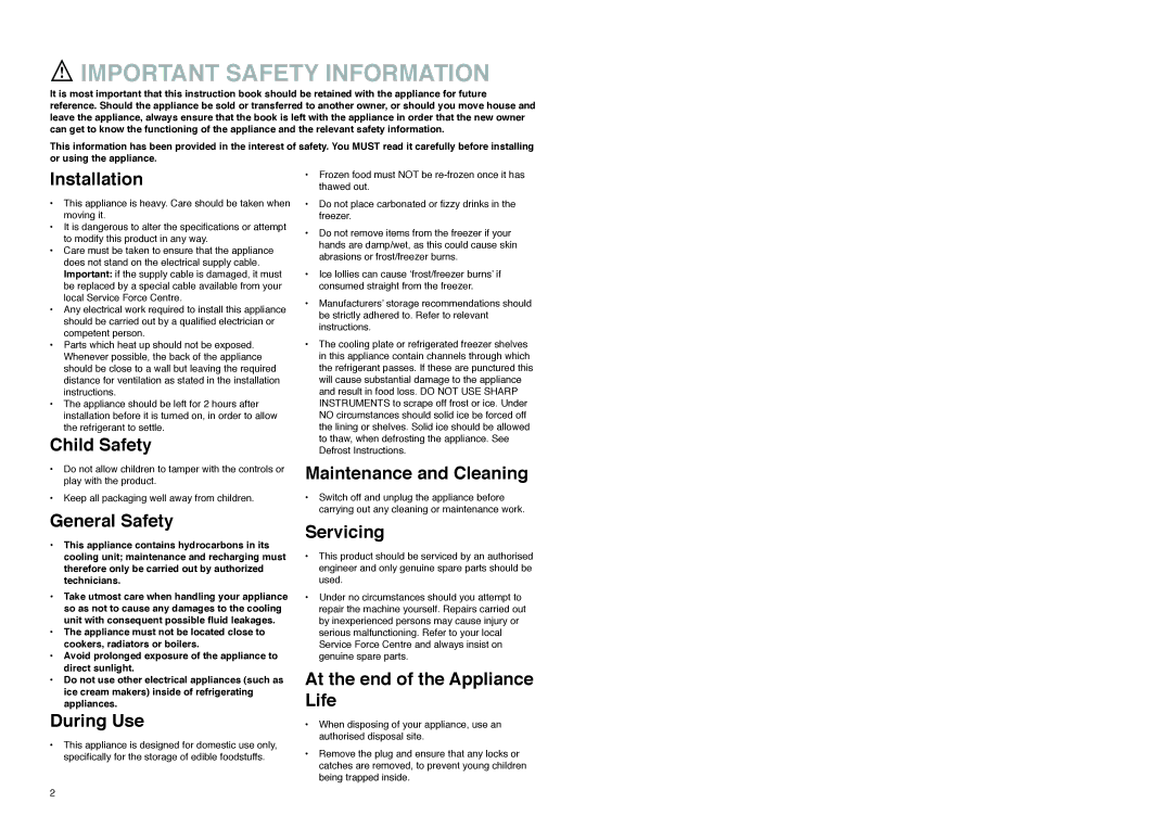 Zanussi ZFA 96 W manual Important Safety Information, Installation 