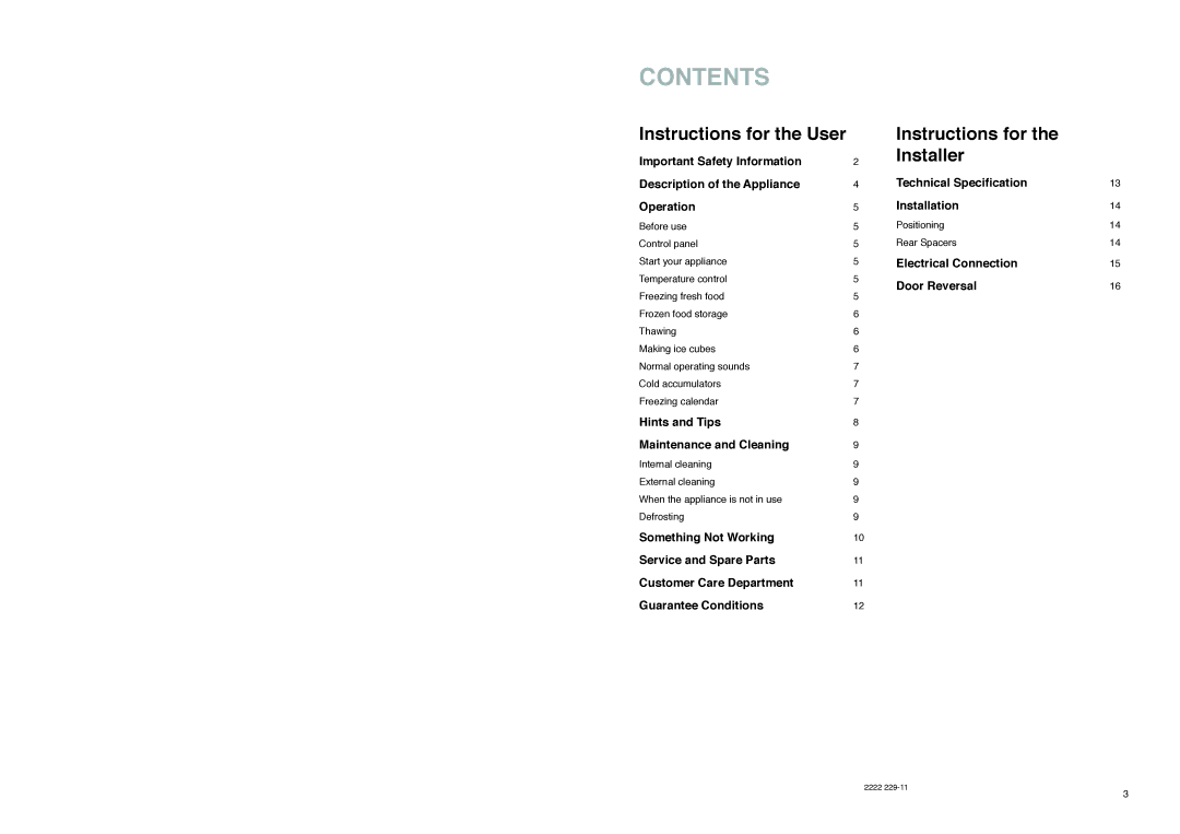 Zanussi ZFA 96 W manual Contents 