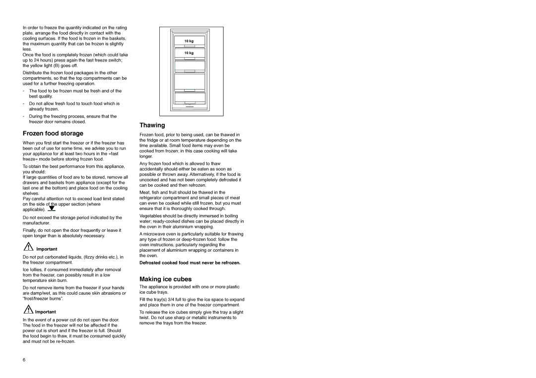 Zanussi ZFA 96 W manual Frozen food storage, Thawing, Making ice cubes 