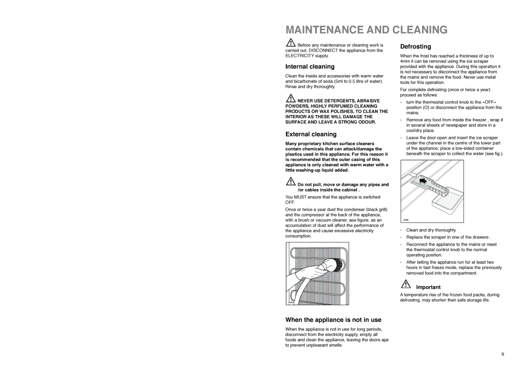 Zanussi ZFA 96 W manual Maintenance and Cleaning, Internal cleaning, External cleaning, Defrosting 