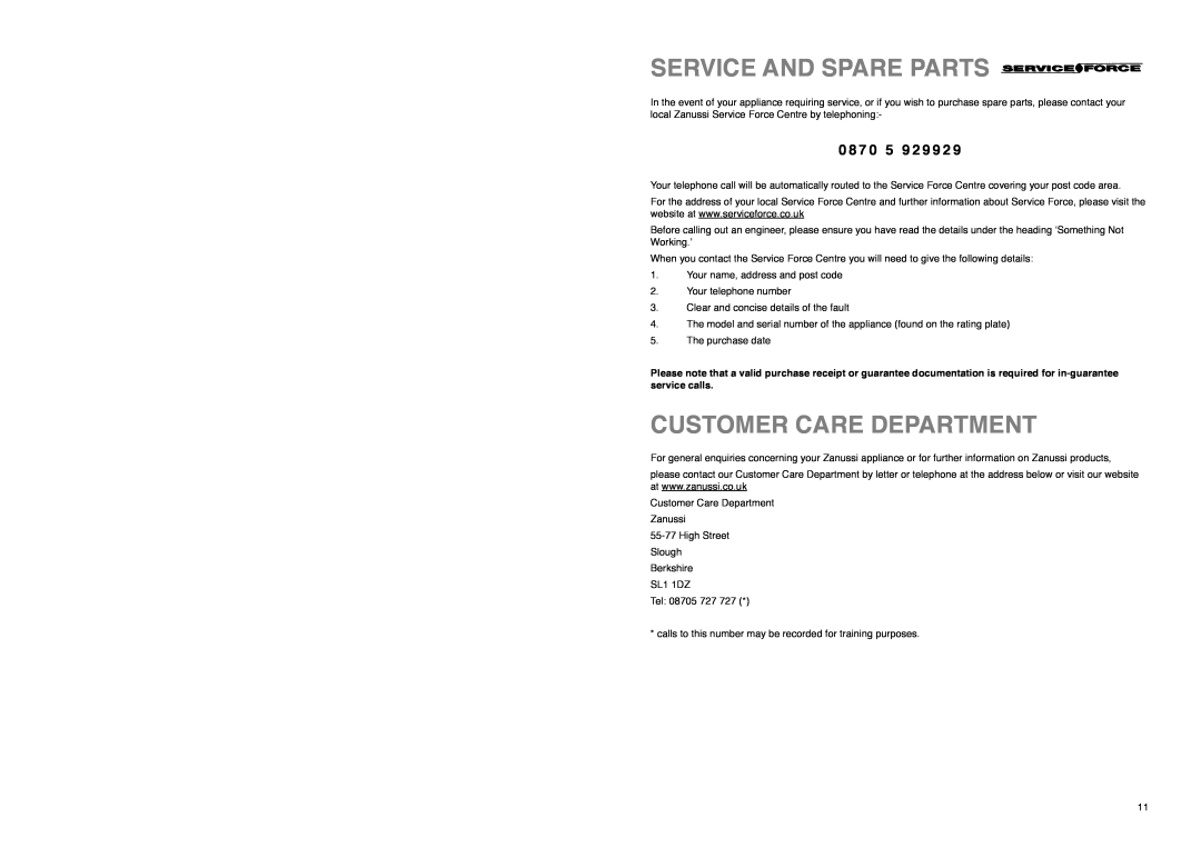 Zanussi ZFA 96 W manual Service And Spare Parts, Customer Care Department, 0 8 7 0 5 9 2 