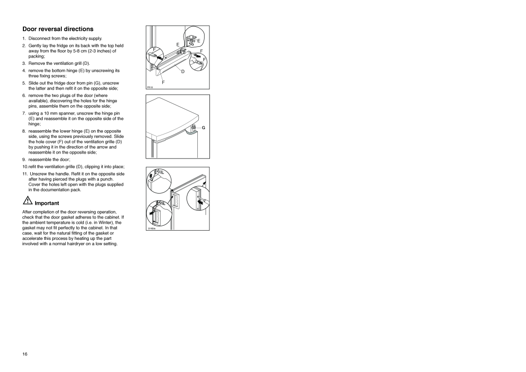 Zanussi ZFA 96 W manual Door reversal directions 