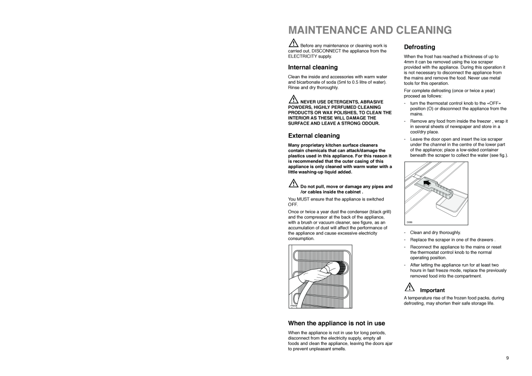 Zanussi ZFA 96 W manual Maintenance And Cleaning, Internal cleaning, External cleaning, Defrosting 