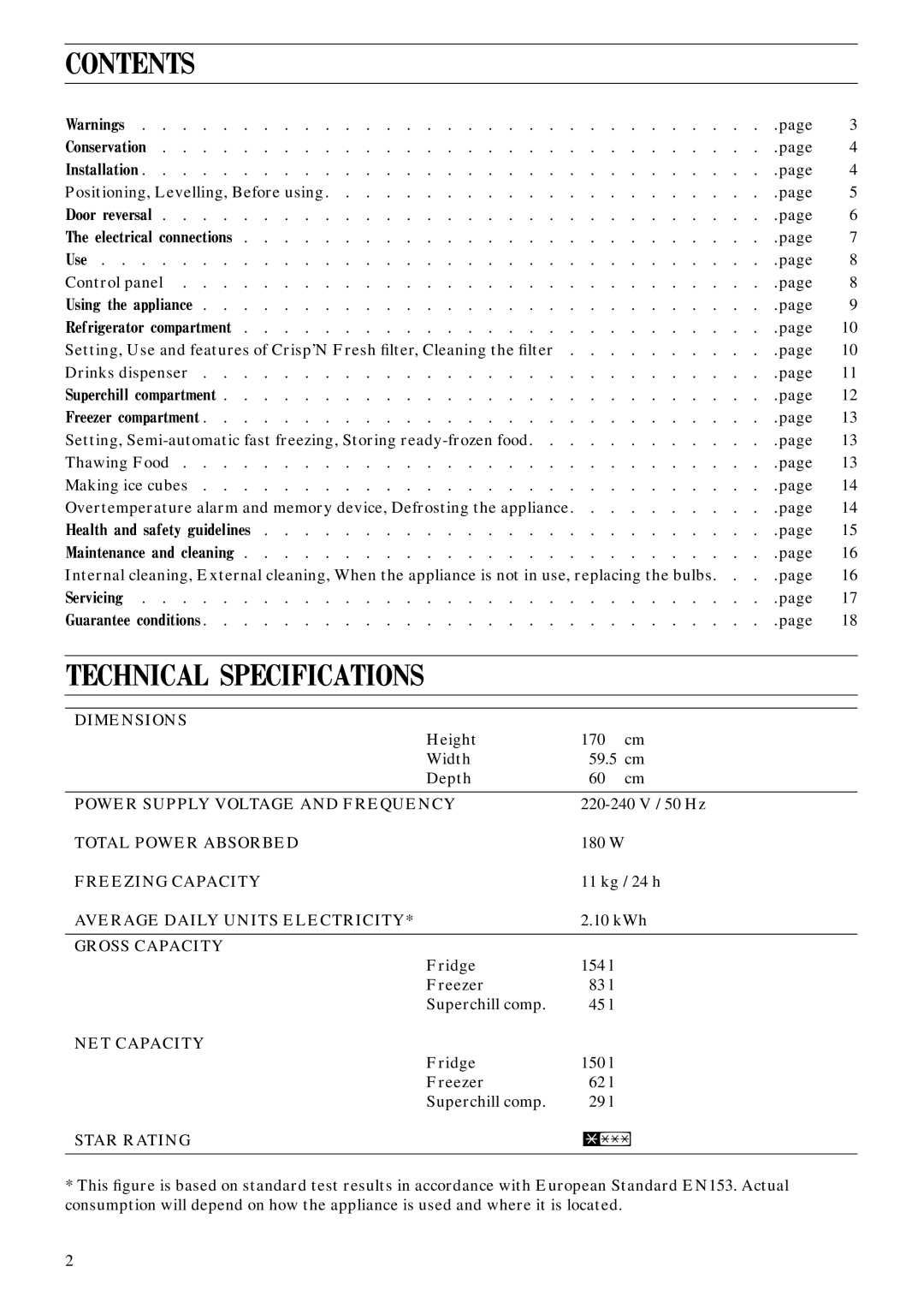 Zanussi ZFC 102 manual Contents, Technical Specifications 