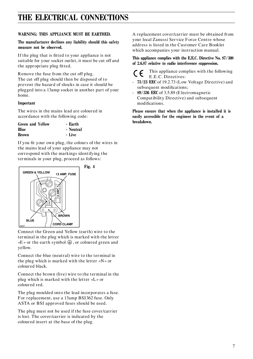 Zanussi ZFC 102 manual Electrical Connections 