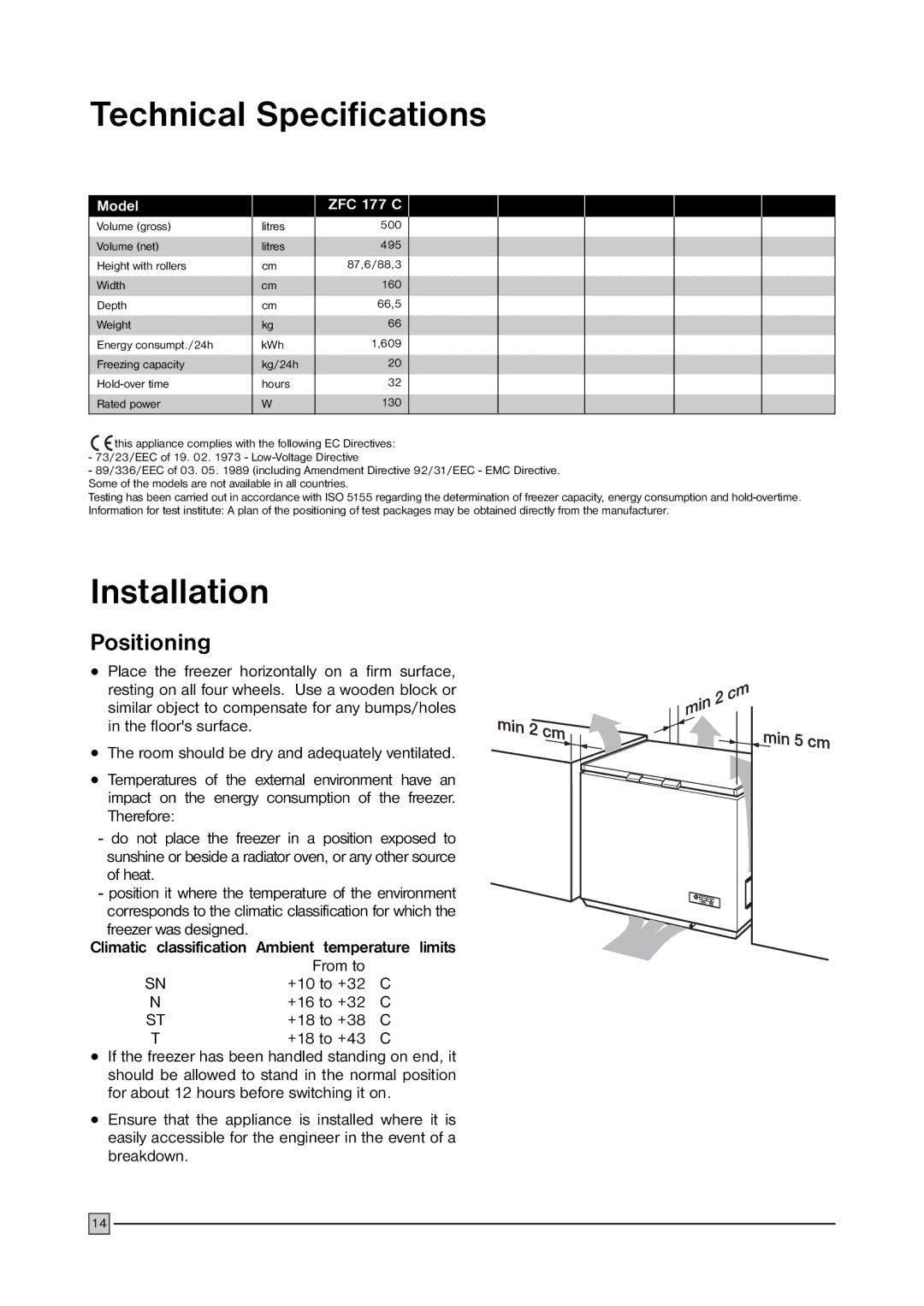 Zanussi ZFC 177 C Technical Specifications, Installation, Heat, Climatic classification Ambient temperature limits 