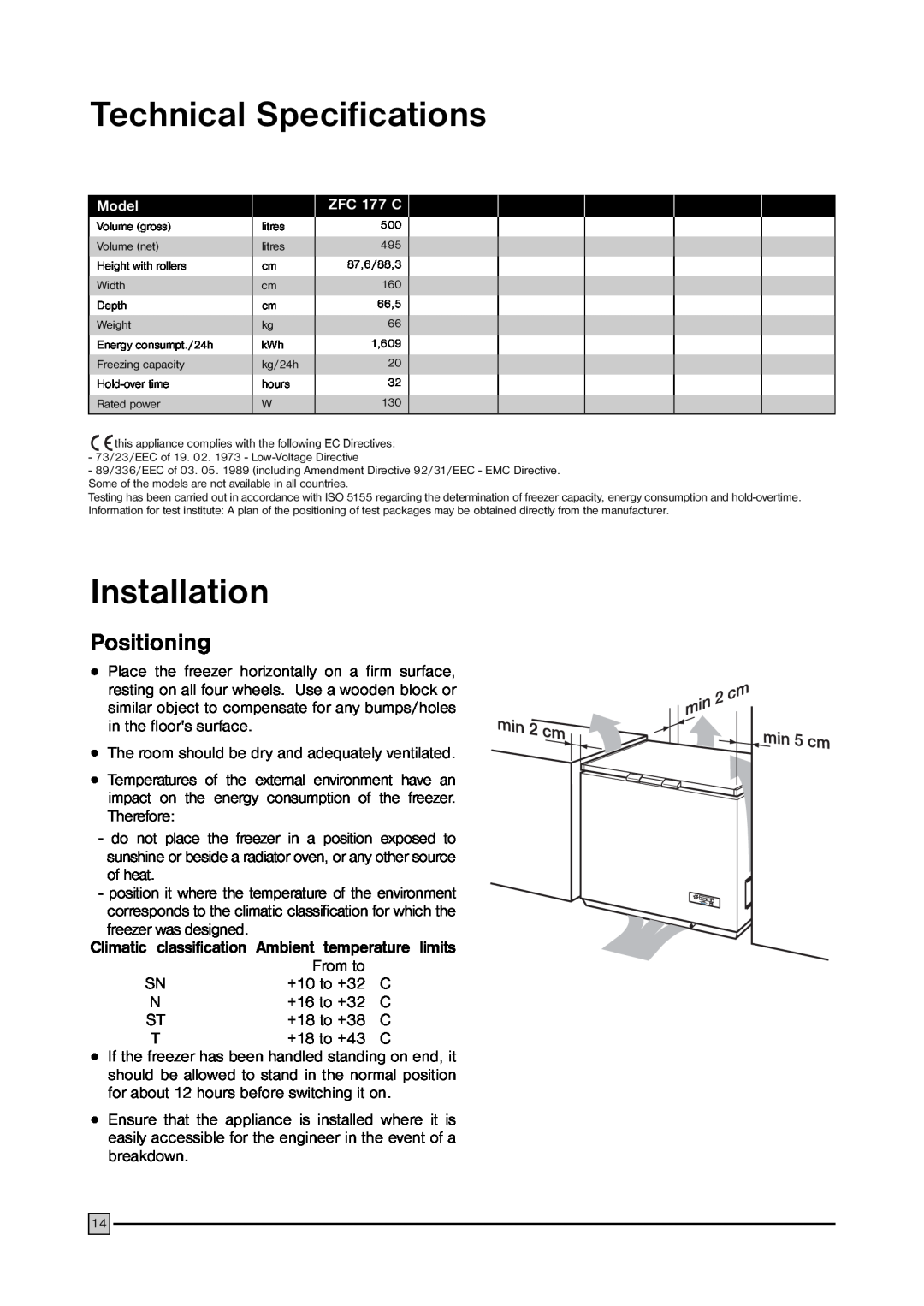 Zanussi ZFC 177 C installation manual Technical Specifications, Installation, Positioning, Model 
