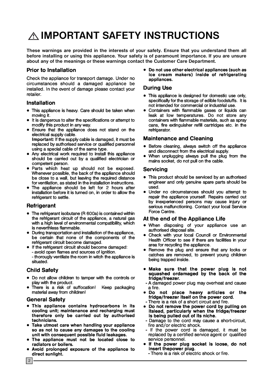 Zanussi ZFC 177 C Important Safety Instructions, Prior to Installation, Refrigerant, Child Safety, General Safety 