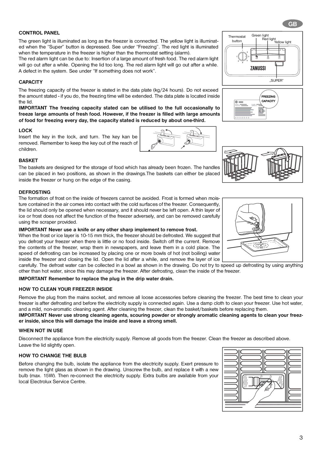 Zanussi ZFC 22 JB Control Panel, Capacity, Lock, Basket, Defrosting, HOW to Clean Your Freezer Inside, When not in USE 