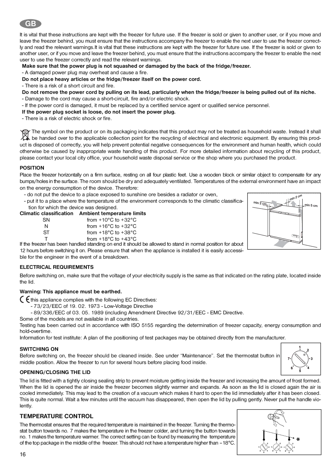 Zanussi ZFC 269 S, ZFC 309 S Temperature Control, Position, Electrical Requirements, Switching on, OPENING/CLOSING the LID 