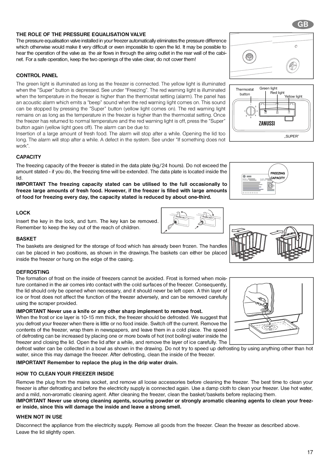 Zanussi ZFC 229 S, ZFC 309 S Role of the Pressure Equalisation Valve, Control Panel, Capacity, Lock, Basket, Defrosting 