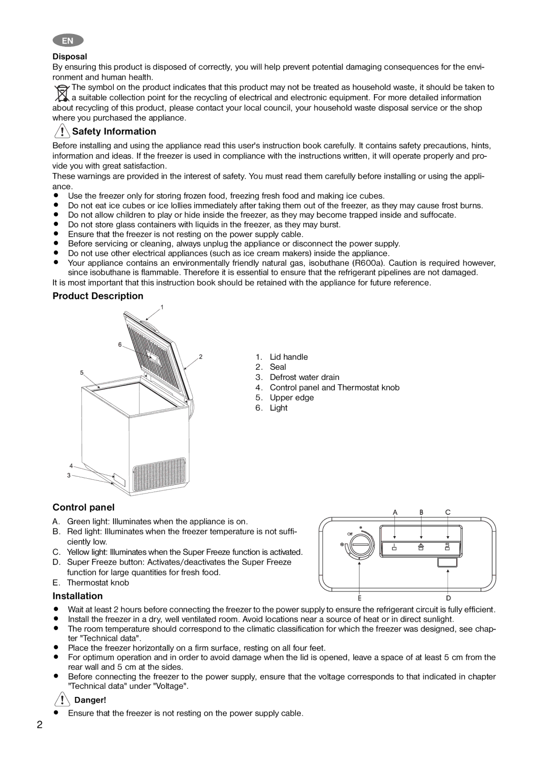 Zanussi ZFC 352 WBB, ZFC 328 WBB user manual Safety Information, Product Description, Control panel, Installation, Disposal 