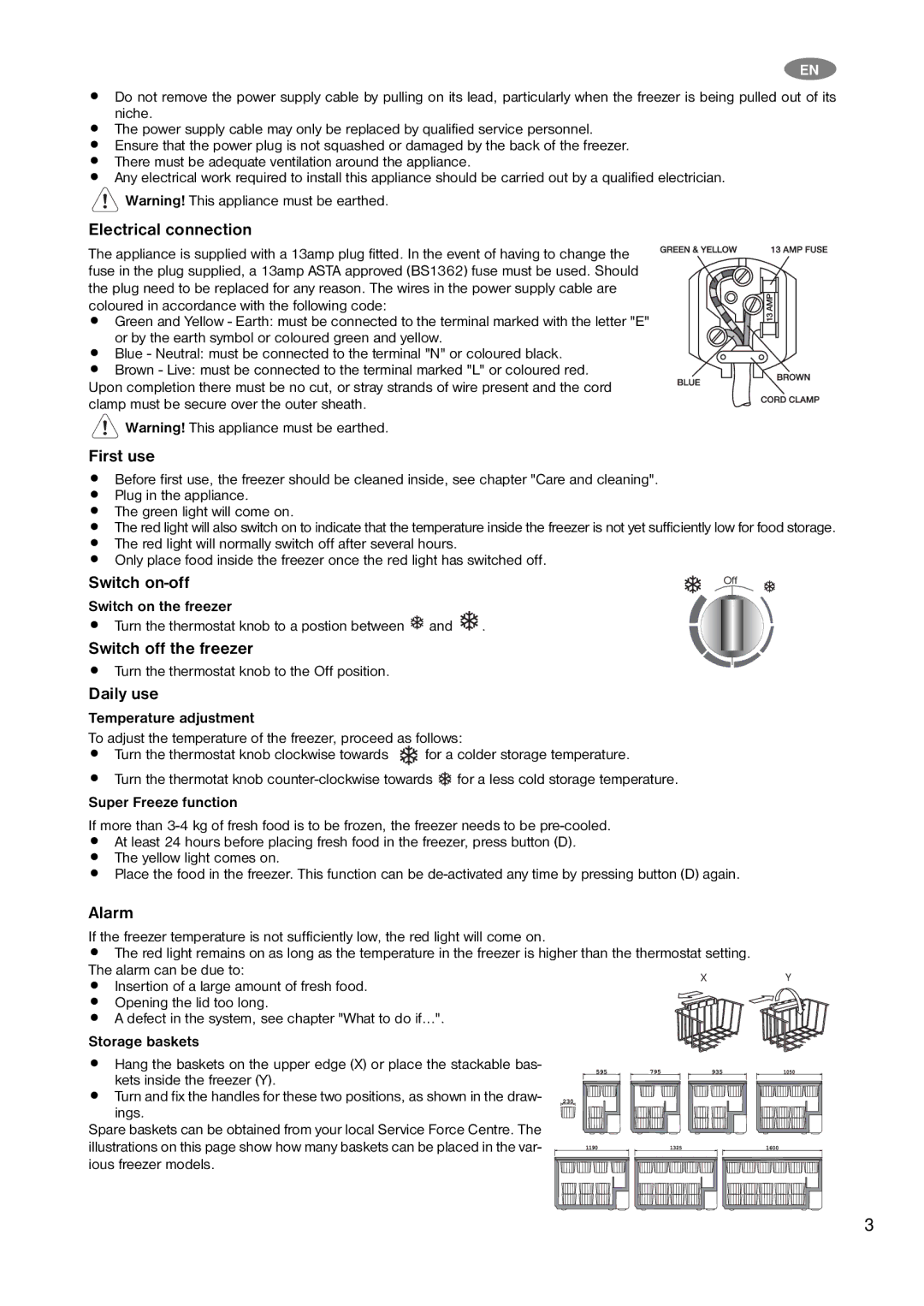 Zanussi ZFC 328 WBB, ZFC 332 WBB Electrical connection, First use, Switch on-off, Switch off the freezer, Daily use, Alarm 