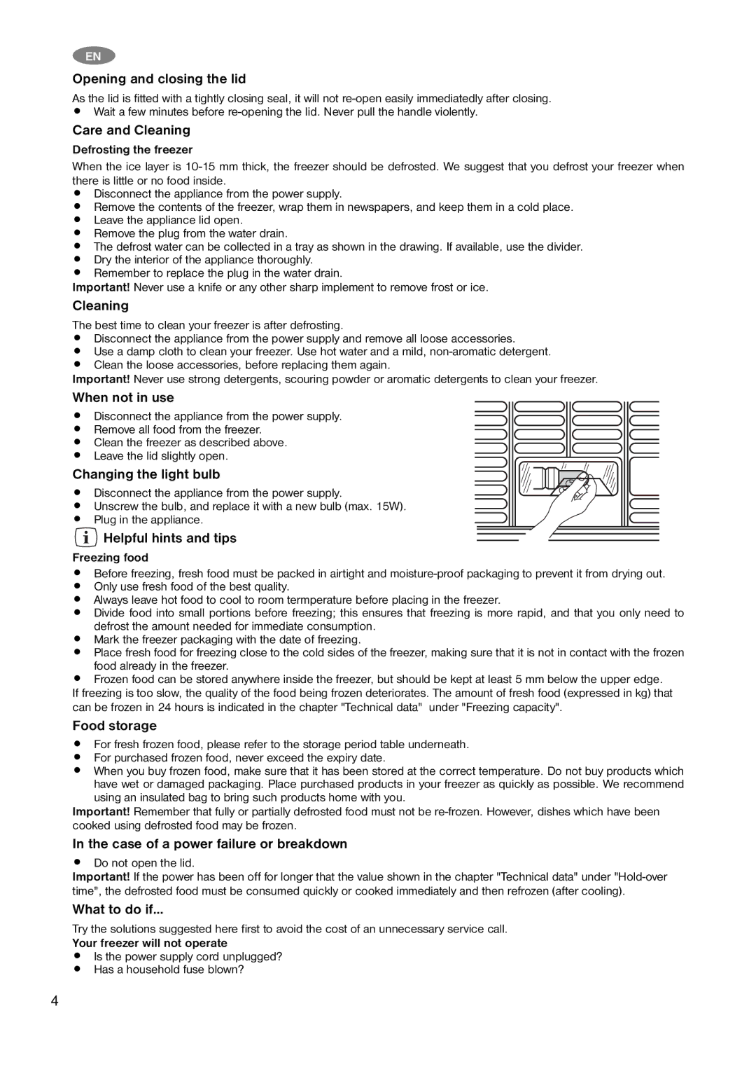 Zanussi ZFC 332 WBB Opening and closing the lid, Care and Cleaning, When not in use, Changing the light bulb, Food storage 