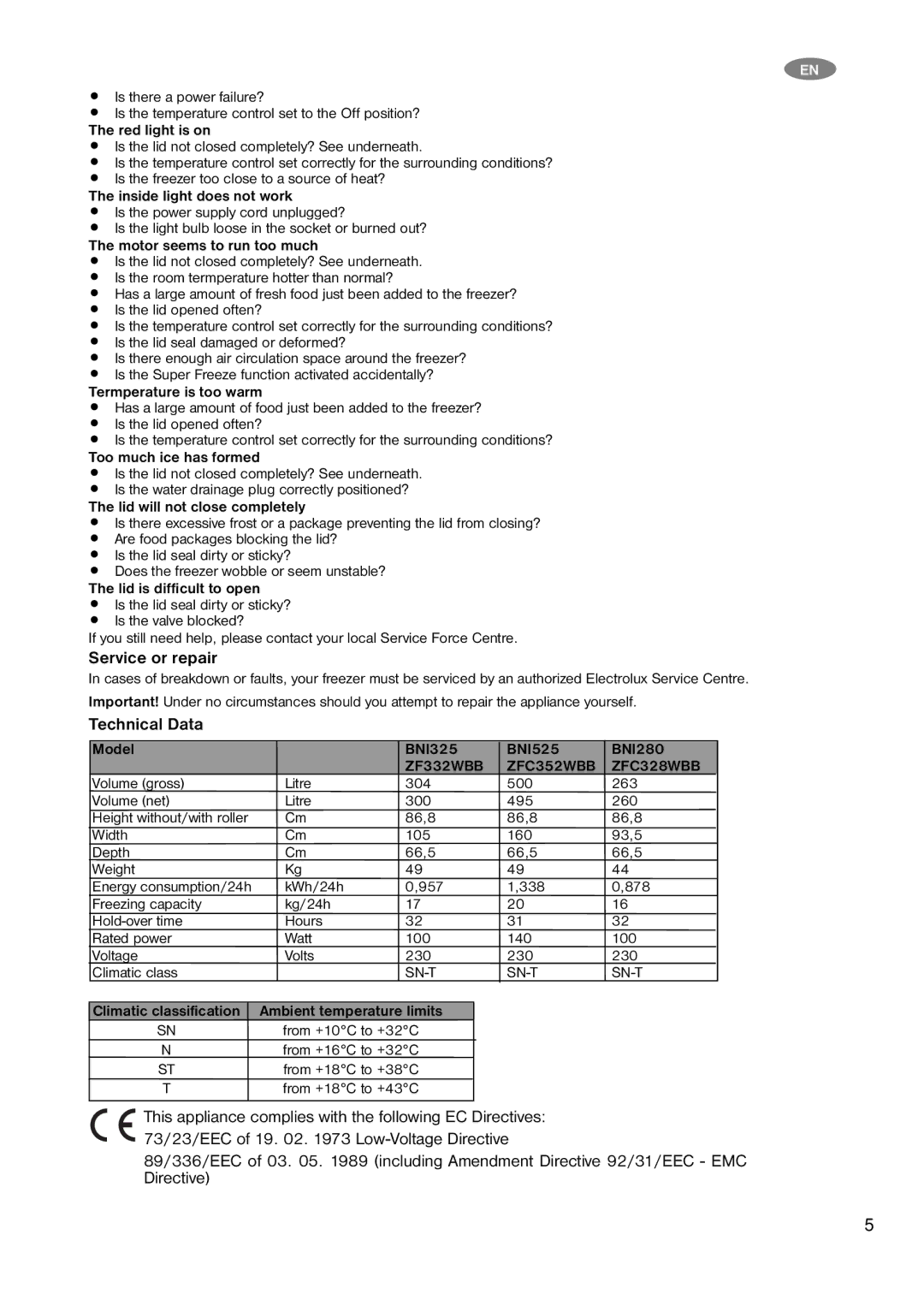 Zanussi ZFC 352 WBB, ZFC 328 WBB, ZFC 332 WBB user manual Service or repair, Technical Data 