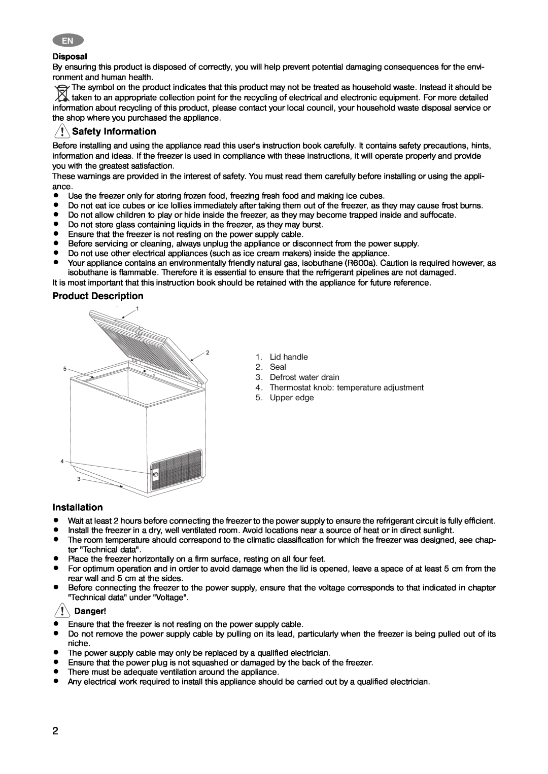 Zanussi ZFC 330 WB, ZFC 340 WB, ZFC 321 WB Safety Information, Product Description, Installation, Disposal, Danger 