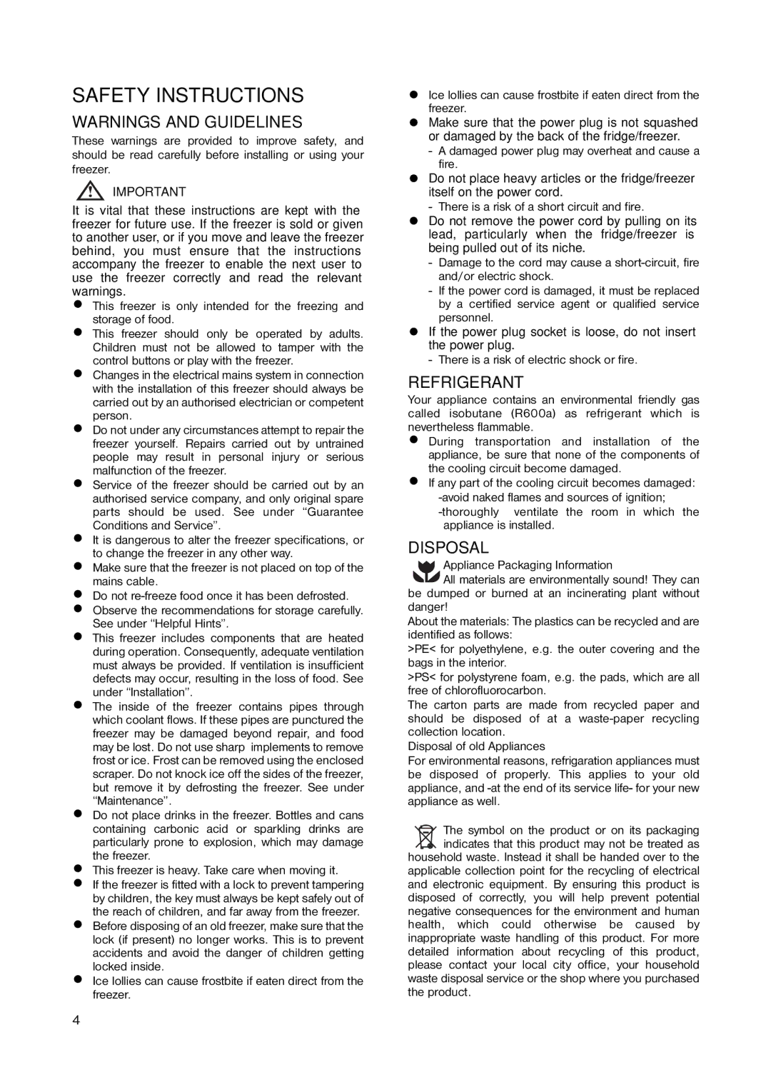 Zanussi ZFC 35 SI installation manual Safety Instructions, Refrigerant, Disposal 