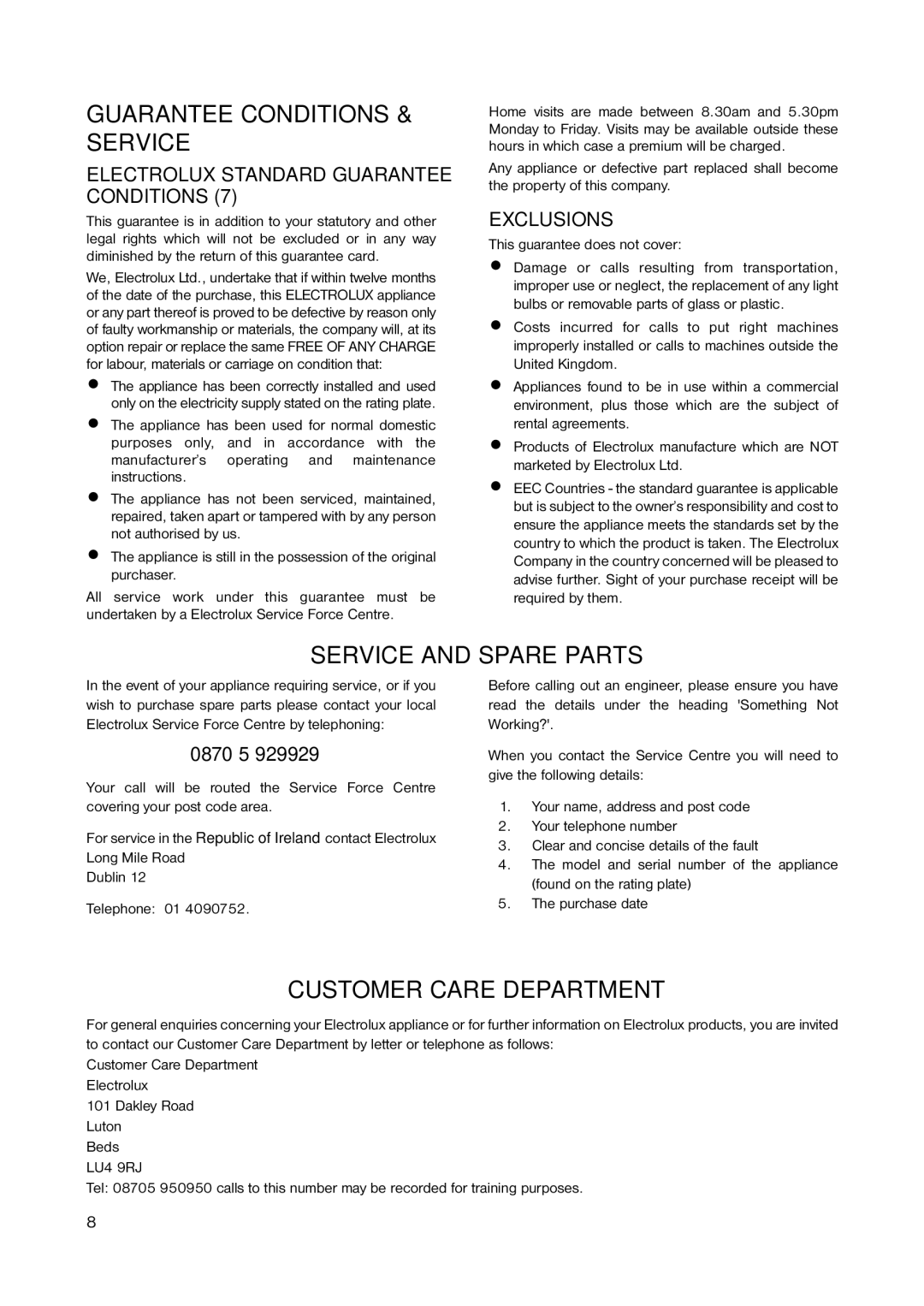 Zanussi ZFC 35 SI Guarantee Conditions & Service, Service and Spare Parts, Customer Care Department, Exclusions 