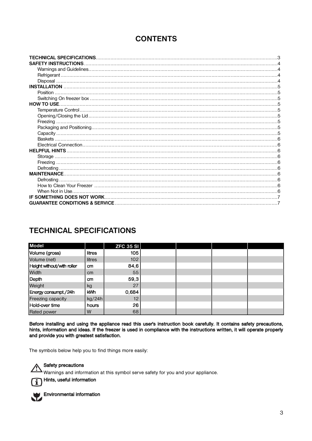 Zanussi ZFC 35 SI installation manual Technical Specifications, Model, Contents 