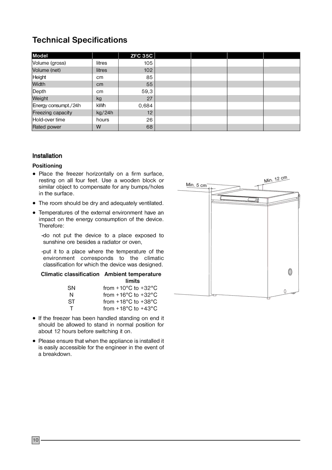 Zanussi ZFC 35C installation manual Technical Specifications, Installation 