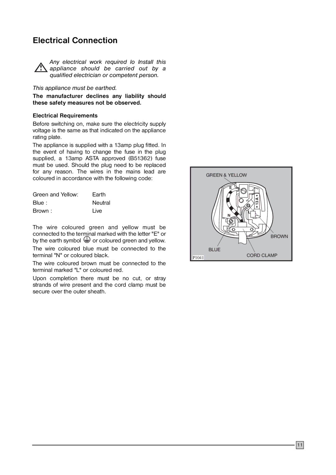Zanussi ZFC 35C installation manual Electrical Connection, Green and Yellow Earth Blue, Brown Live 