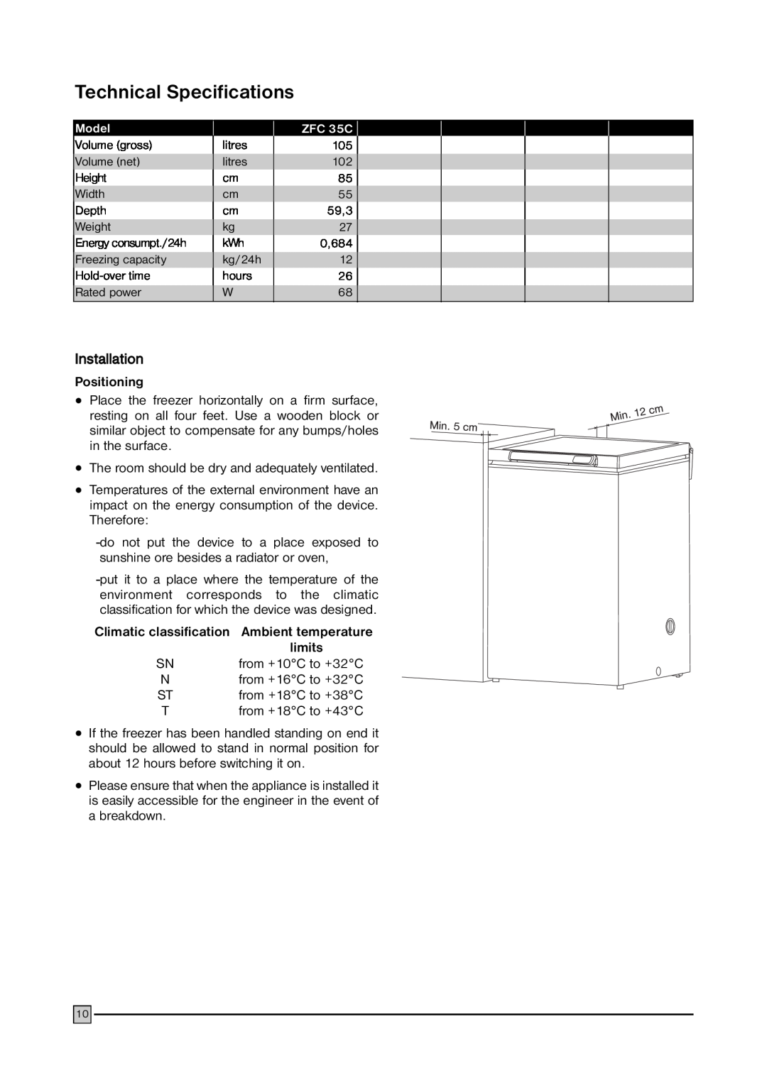 Zanussi ZFC 35C installation manual Technical Specifications, Installation, Positioning, limits 