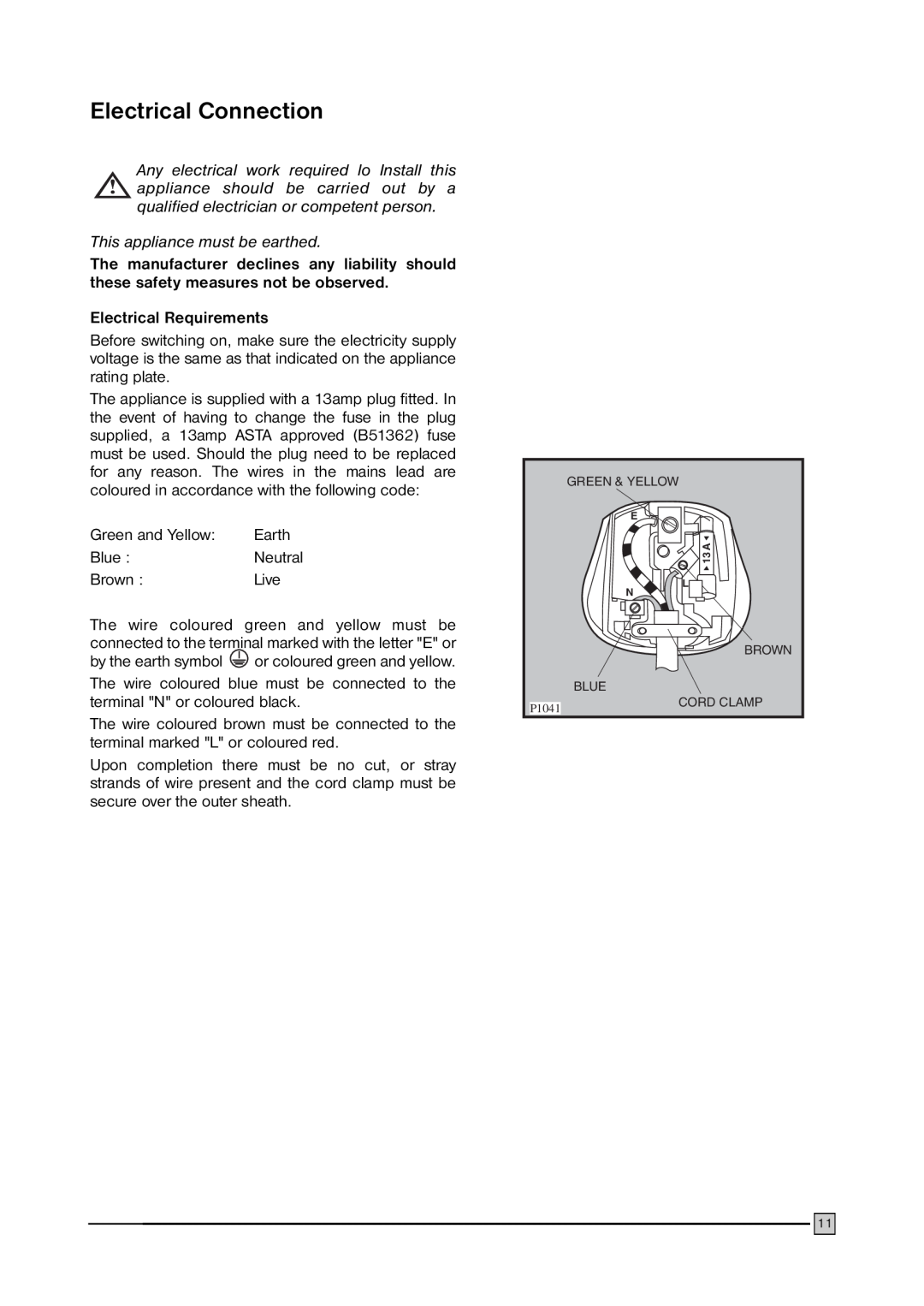 Zanussi ZFC 35C installation manual Electrical Connection, Electrical Requirements 